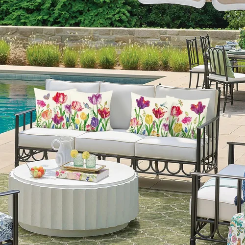 Miniatura 3 de Bonhause Juego de 4 fundas decorativas para cojín de 18 x 18 pulgadas con diseño de tulipanes y flores de jardín para exteriores, para patio, sofá