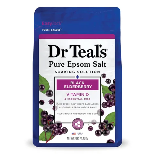 Miniatura 5 de Dr Teal's Sal de Epsom pura, relajación y alivio con eucalipto y menta verde, 3 libras y remojo de sal de Epsom pura, saúco negro con vitamina D, 3