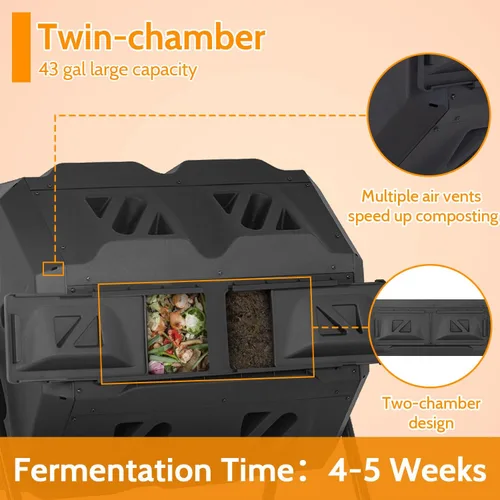 Miniatura 6 de Contenedor de compost, 43 galones de compostaje de cocina, contenedores de compostaje giratorios, puertas correderas de doble cámara para patio
