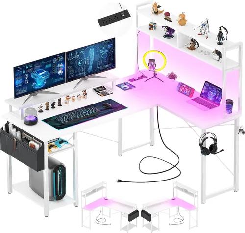 Miniatura 11 de Aheaplus Escritorio pequeño en forma de L para gaming con luces LED y tomas de corriente, escritorio reversible en forma de L para computadora