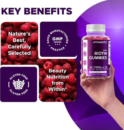 Miniatura 6 de Vitamatic Gomitas de biotina de 10,000 mcg para cabello más fuerte, piel y uñas, 60 gomitas veganas, también llamadas vitamina B7 (1 botella)