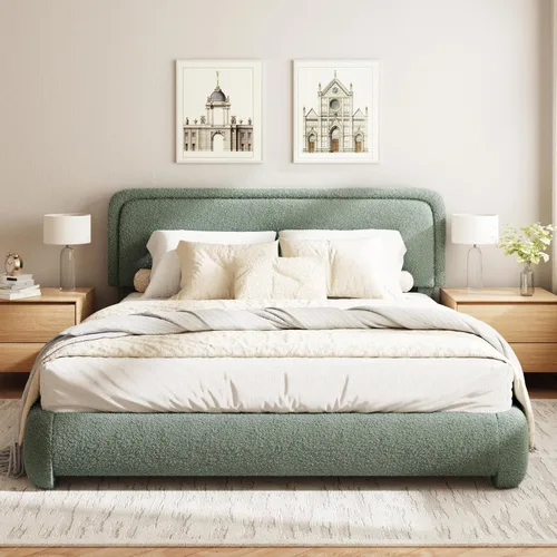 Miniatura 20 de Base de cama Boucle tamaño King, plataforma tapizada en nube con cabecero ajustable en altura y esquinas redondeadas suaves, no necesita somier, sin
