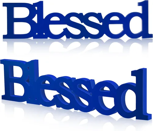 Miniatura 14 de Blulu Letrero de mesa con texto en inglés "Blessed Letter", letrero de mesa de pie de madera rústica, decoración de pie para graduación, baby