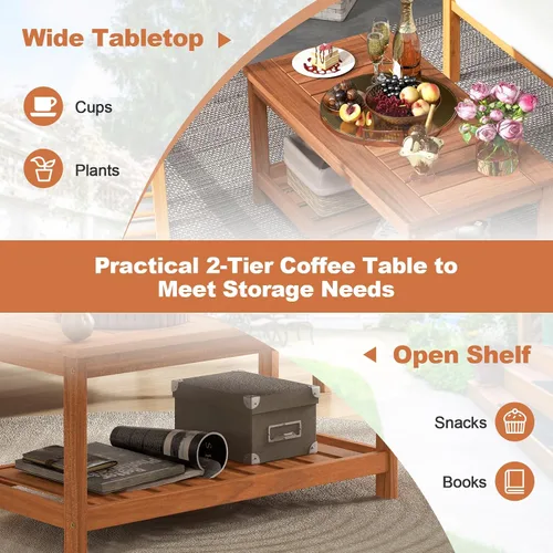 Miniatura 7 de Giantex Mesa de centro de madera dura para patio, mesa de centro de madera de 2 niveles con mesa de listones y estante de almacenamiento, mesa
