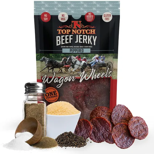 Miniatura 8 de Top Notch Wagon Wheels Jerky – Snacks altos en proteínas para niños y adultos hechos de carne de res criada localmente – Rondas sabrosas de carne