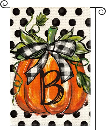 AVOIN colorlife Bandera de jardín con monograma de otoño con letra B, diseño de calabaza, con diseño de lunares, 12 x 18 pulgadas, doble cara en el