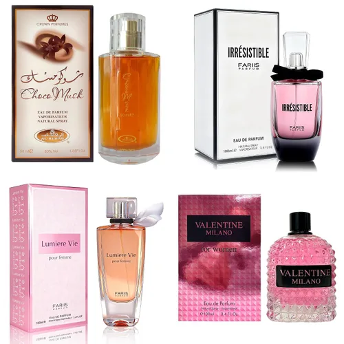 Miniatura 42 de AFLUXE Set de perfume para mujer, 4 piezas, colección Eau De Parfum de larga duración, almizcle Choco/Milano Mujer/6pm Rosa/7AM Fresh