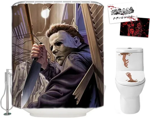 Juego de cortinas de ducha de Halloween para baño, diseño de asesino del mal miedo Michael Myers, decoración de tela de poliéster con ganchos y