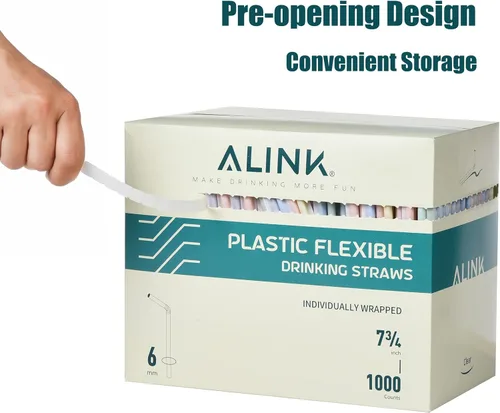 Miniatura 7 de ALINK 1000 unidades de pajitas de plástico flexibles y coloridas, envueltas individualmente, pajitas plegables desechables - 19,7 cm x 0,58 cm