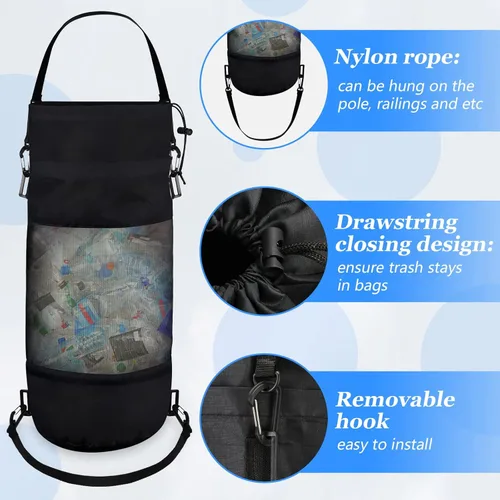 Miniatura 5 de Paquete de 2 accesorios portátiles para barcos, bolsas de basura de malla, contenedor de basura para barco, kayak, cámper, pesca, cabina, negro