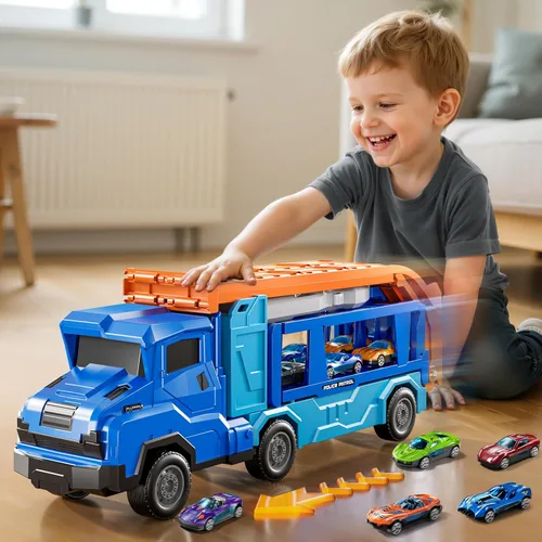 Miniatura 4 de Juego de camiones y coches para niños de 3, 4, 5, 6, 7, 8 años, juego de camiones transportadores con pista de 12 coches fundidos a presión