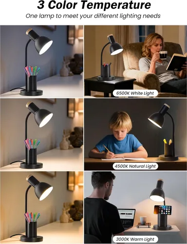 Miniatura 3 de Lámpara LED de escritorio para oficina en casa, lámpara de mesa con soporte para bolígrafo, 3 modos de color, luz de lectura, luz de escritorio