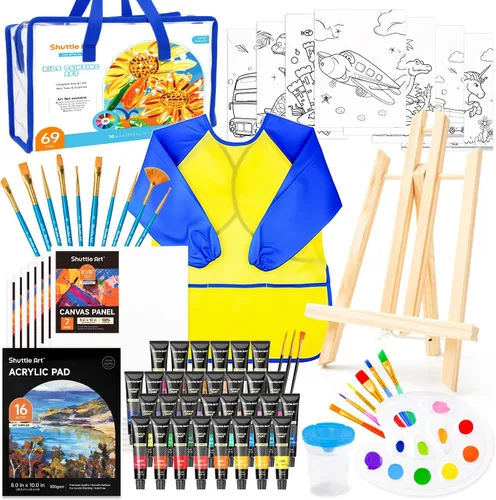 Juego de 48 pinturas acrílicas para niños, Shuttle Art 30 colores de pintura acrílica con caballete de madera, lienzo, bloc de pintura, pinceles,