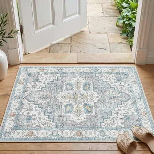 Miniatura 26 de jinchan Alfombra de área pequeña lavable floral vintage, alfombra de entrada simétrica de medio círculo de 2 x 3, alfombra de entrada suave de pelo