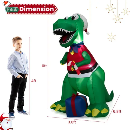 Miniatura 7 de GOFLAME Dinosaurio inflable de Navidad de 6 pies con regalo, decoración de Navidad inflable con luces LED, soplador impermeable, decoración inflable
