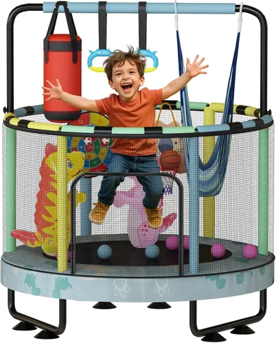Miniatura 17 de LAMERGE Trampolín redondo 7 en 1 de 55 pulgadas para niños y niñas de 1 a 8 años, trampolín para interiores y exteriores para diversión, barandilla
