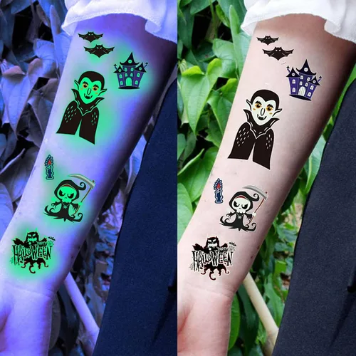 Miniatura 6 de 10 hojas de tatuajes temporales luminosos de Halloween con purpurina nocturna para niños y niñas, calcomanías de tatuaje falso 3D de zombi que