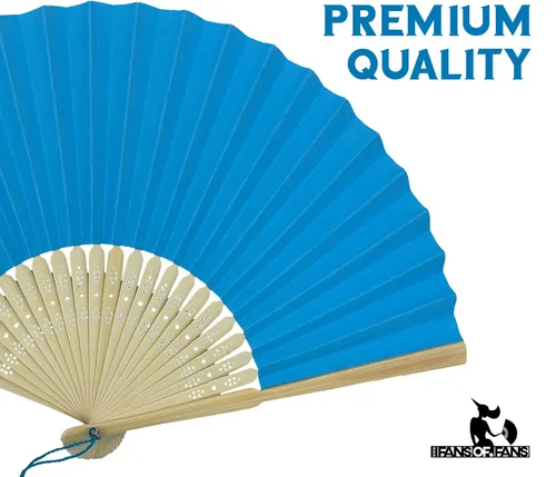 Miniatura 5 de Paquete de 10 abanicos plegables de mano de papel con borla y varillas de bambú de grado A para mujeres y niñas, regalo de fiesta de verano, Azul