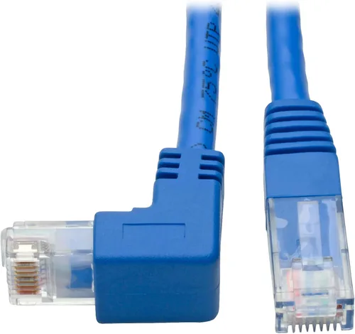 Tripp Lite Cable de conexión UTP Cat6 en ángulo inferior (RJ45), M/M, Gigabit, moldeado, azul, 1 pie (N204-001-BL-DN)