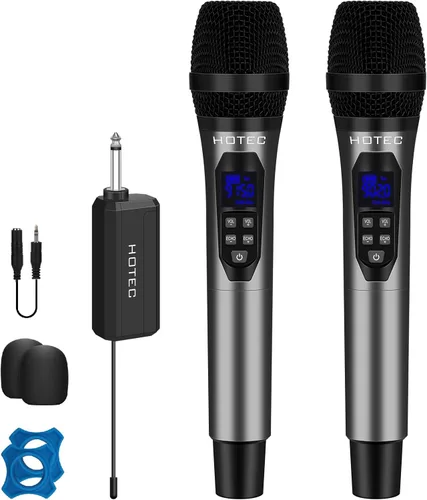 HOTEC Micrófonos inalámbricos Dual UHF Sistema de micrófono de mano con control de eco/volumen, receptor recargable para karaoke, iglesia, boda,