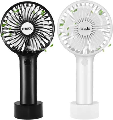 Miady Paquete de 2 ventiladores portátiles mejorados de 5000mAh, ventilador de mano mini USB de 3 velocidades, viento fuerte, tiempo de