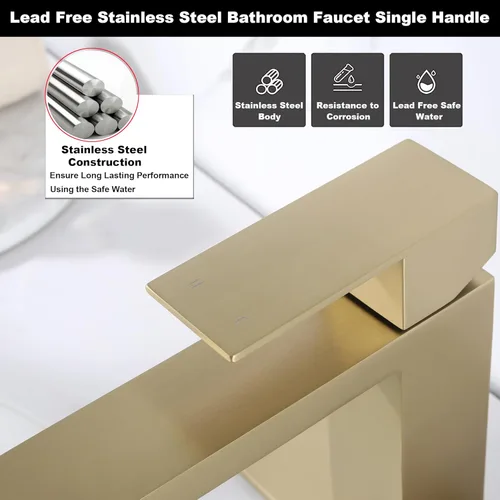 Miniatura 5 de Grifos de baño de oro cepillado de un solo agujero, grifo de acero inoxidable de una sola manija para fregadero de baño con tapón emergente, grifo