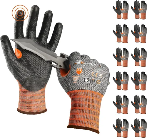 Schwer 12 pares de guantes de trabajo resistentes a los cortes, sin PFAS, CR3066 ANSI A4 guantes a prueba de cortes con revestimiento de