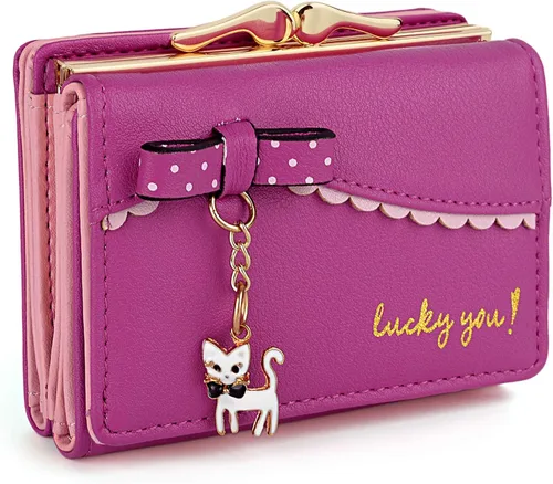 UTO - Billetera para niñas de cuero vegano, lindo gato colgante, organizador de tarjetas, monedero para mujeres, Zoe Rose Red, S