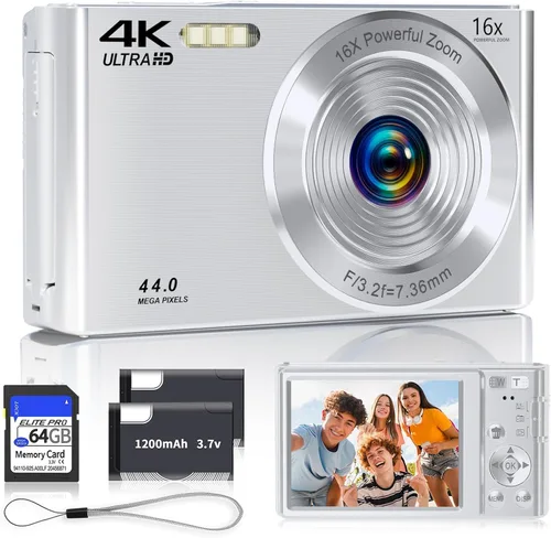 Miniatura 8 de Cámara digital, cámara digital FHD 4K 44MP con enfoque automático con tarjeta SD de 64GB, zoom digital 16X, cámaras doradas para fotografía, cámara