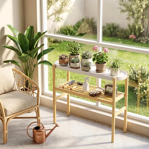 Miniatura 3 de Estantería de bambú Wisuce para interiores, mesa de 2 niveles de altura para ventana, soporte para múltiples plantas..
