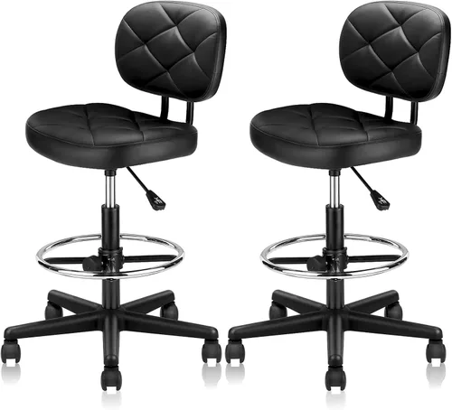 KLASIKA Taburetes rodantes de piel sintética con reposapiés y soporte para la espalda, silla de dibujo tapizada con diamante ajustable con ruedas,