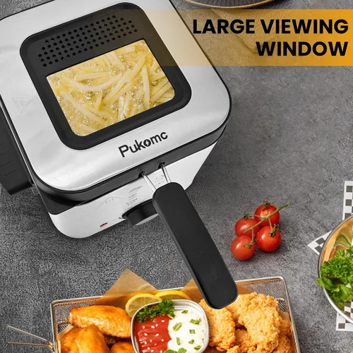 Miniatura 5 de Pukomc Freidora Eléctrica Profunda, Capacidad de Aceite de 1.5 Litros/1.6 Qt, Freidora Profunda Pequeña con Cesta para Uso Doméstico, Laterales
