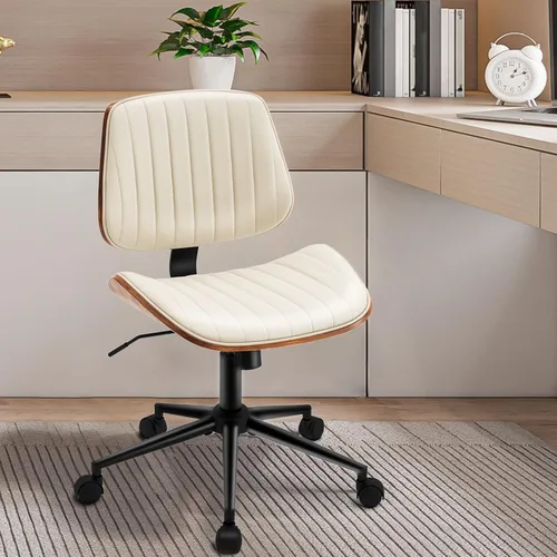Silla de escritorio sin brazos con ruedas giratorias de 360°, silla de computadora ergonómica de altura ajustable para oficina en casa, piel Beige