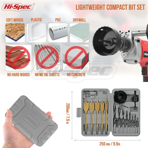 Miniatura 4 de Hi-Spec Juego de 21 piezas de sierras de agujero para madera, puntas de clavo y brocas de pala. Accesorios de herramientas de perforación DIY