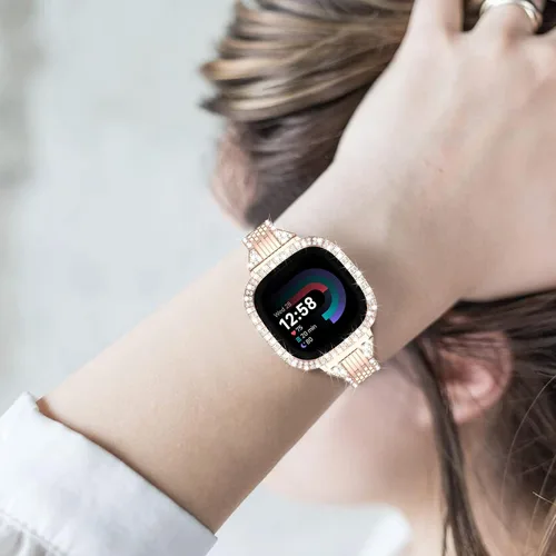Miniatura 6 de MOFREE Compatible con Fitbit Versa 4 bandas/Fitbit Sense 2 bandas para mujeres con funda protectora de parachoques duro, joyería elegante pulsera