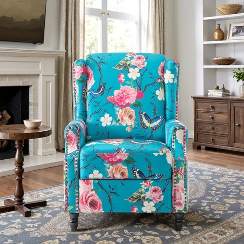 Miniatura 8 de Silla reclinable tapizada, sillón de ala floral con respaldo y reposapiés ajustables, cómoda silla decorativa para leer, sofá individual