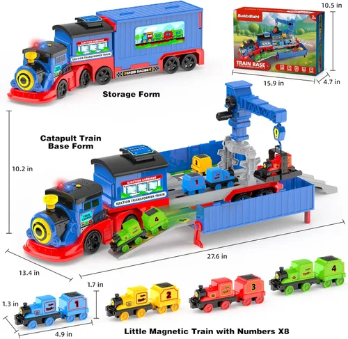 Miniatura 2 de Juego de tren de juguete 2 en 1 para niños pequeños, base de tren de catapulta con grúa torre móvil, 8 pequeños trenes magnéticos, efecto de luz