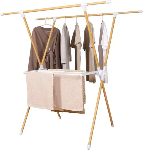 Miniatura 11 de BAOYOUNI Estante plegable de secado de ropa de acero inoxidable con doble poste, barras expandibles, ahorro de espacio, retráctil, resistente