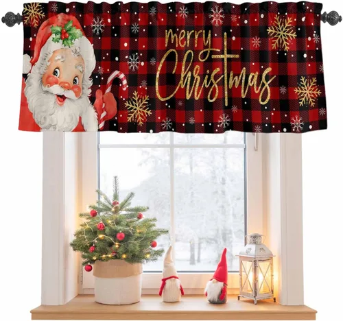 Cenefa de Navidad para ventanas, cenefas de Papá Noel, cenefa con bolsillo para barra, tratamientos de ventana, cortinas cortas a cuadros rojos para