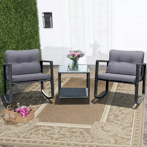 Miniatura 2 de Tangkula Juego de 3 piezas de muebles mecedoras de mimbre para patio, juego de muebles de mecedora para exteriores con asiento acolchado, juego