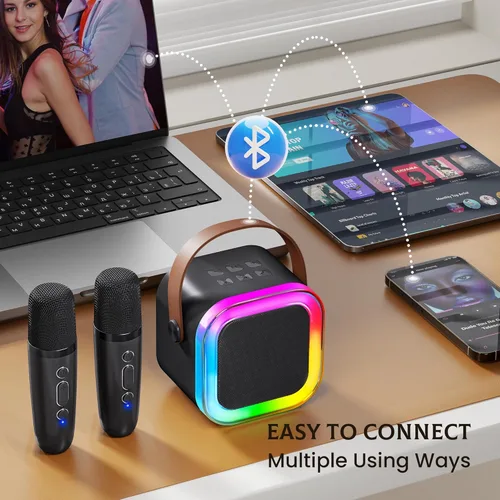 Miniatura 5 de IROO - Máquina de karaoke para niños y adultos, minialtavoz Bluetooth portátil con 2 micrófonos inalámbricos y luces de fiesta, para celular, regalo