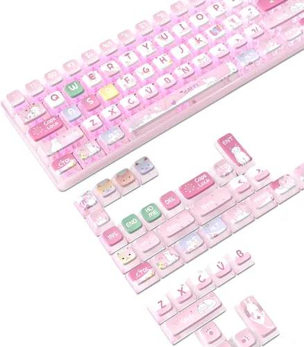 Juego de teclas PBT de 120 teclas PBT con perfil ASA con capa de PC translúcido, tinte sub lindo tema de gato para 61/84/87/98/100/104 teclas TKL