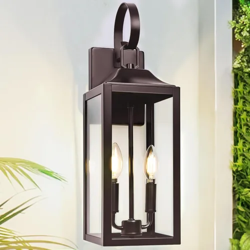 Miniatura 16 de Farol de pared negro de 19 pulgadas para exteriores, 2 luces, aplique grande y moderno para porche, luz industrial para porche con vidrio