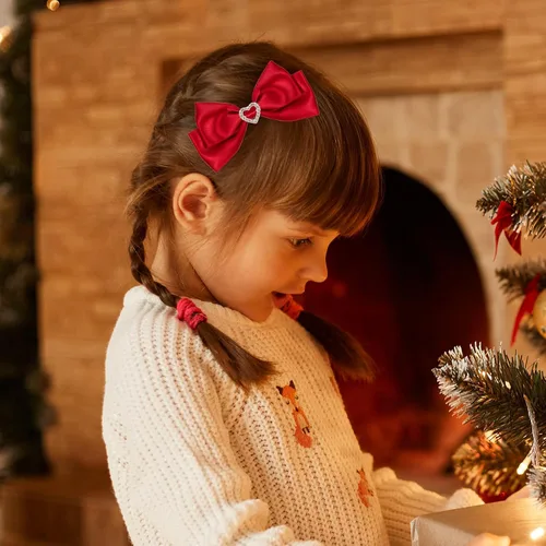 Miniatura 2 de Pinzas de lazo de satén rojo, horquillas escolares de Navidad de San Valentín con diamantes de imitación de corazón, accesorios para el cabello