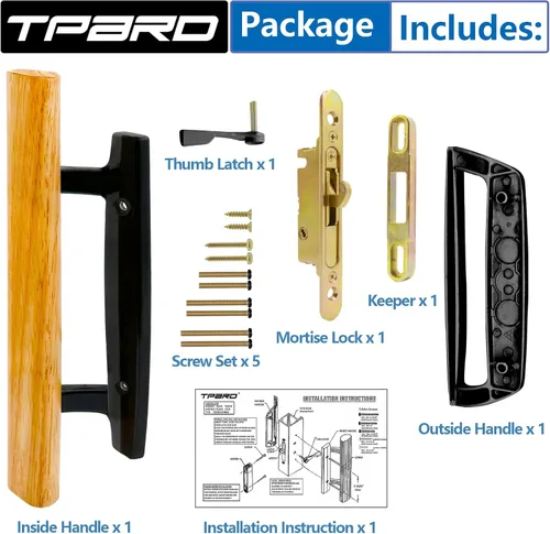 Miniatura 7 de Manija para puerta corrediza de vidrio de patio con cerradura de muesca de 45°, sin llave, mangos interiores de madera de roble y tirador exterior