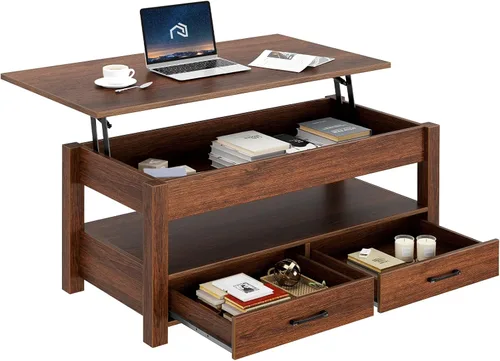 Miniatura 12 de Rolanstar - Mesa auxiliar, mesa de centro con cajones y compartimento oculto, mesa de sala de estar con tablero de elevación de madera, para sala