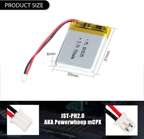 Miniatura 3 de 3.7V 700mAh 603035 Batería Lipo Recargable de Polímero de Iones de Litio con Conector PH2.0mm JST