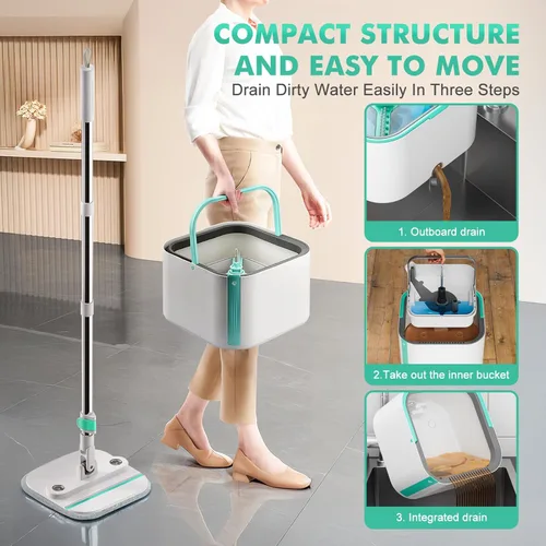 Miniatura 7 de Trapeador giratorio mejorado y cubo de trapeador autosuficiente, sistema de agua sucia y limpia, rotación de 360° y plegable de 90°, trapeadores