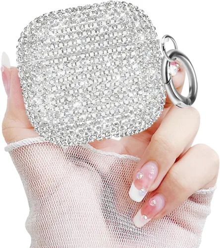 Miniatura 20 de Newseego Funda para AirPods de 1 y 2 generación, funda de lujo con diamantes de imitación brillantes con llavero para mujeres y niñas, anti-pérdida