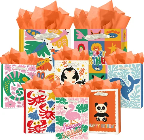 qiqee Bolsas de regalo de papel surtido con asas de papel de seda, 8 bolsas de regalo de cartón de cumpleaños de animales florales para mujeres,